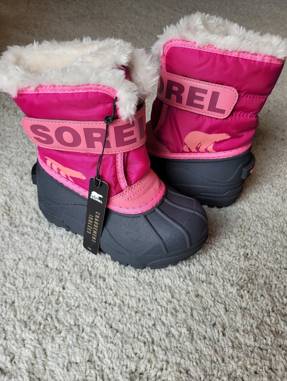 Sorel Kids' Pink & Gray Insulated Velcro Closure Snow Boots Waterproof 9